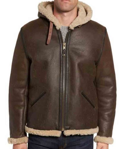 Men's B6 Brown Leather Shearling Hooded Jacket
