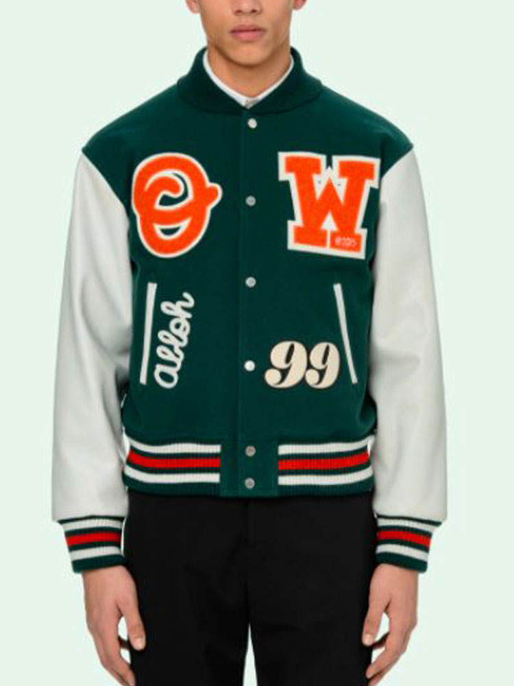 Men's Barrel Green and White Letterman Jacket