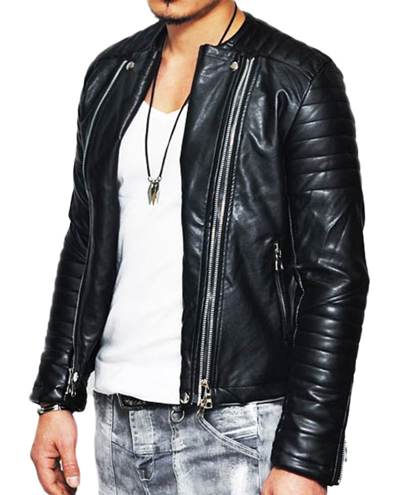 Men's Motorcycle Asymmetrical Belted Collarless Leather Jacket