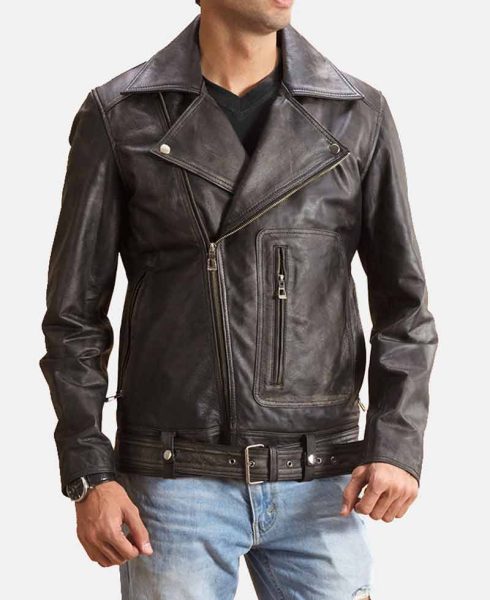 Men's Belted Biker Asymmetrical Distressed Black Leather Jacket