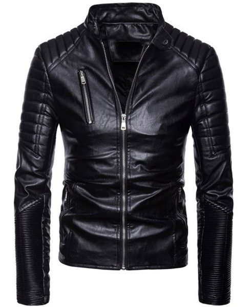Men's Stand Collar Black Leather Motorcycle Jacket