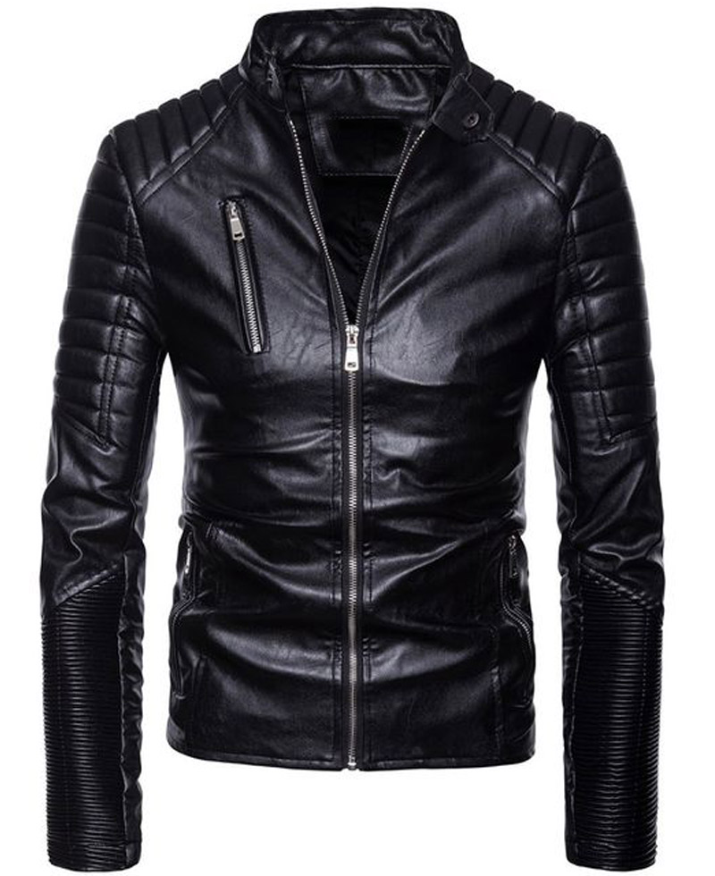 Men's Stand Collar Black Leather Motorcycle Jacket