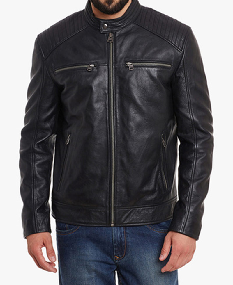 Men's Padded Black Leather Motorcycle Jacket