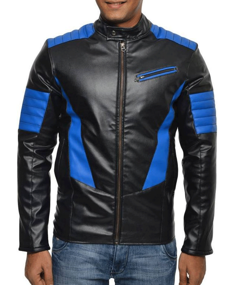 Men's FJM553 Blue Design Motorcycle Black Leather Jacket