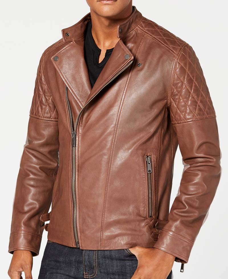Men's Biker Diamond Quilted Design Asymmetrical Brown Leather Jacket