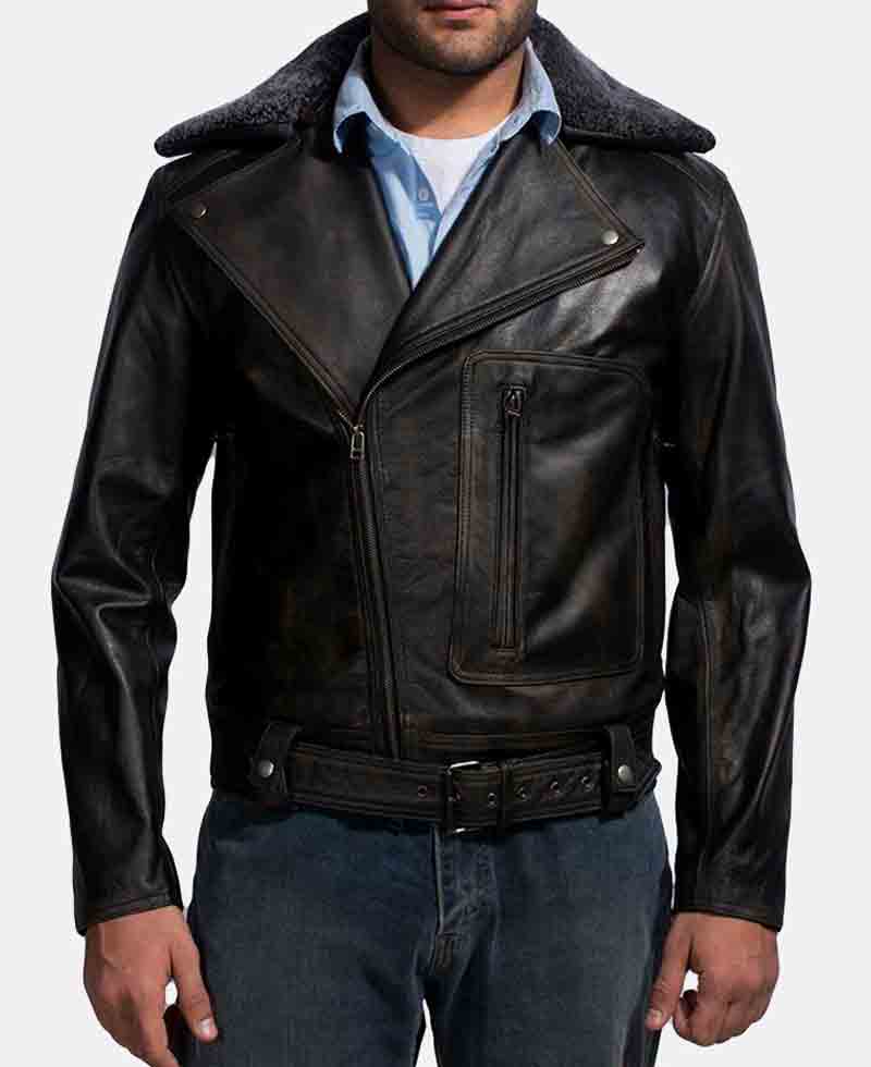 Men's Biker Furton Black Leather Fur Collar Jacket