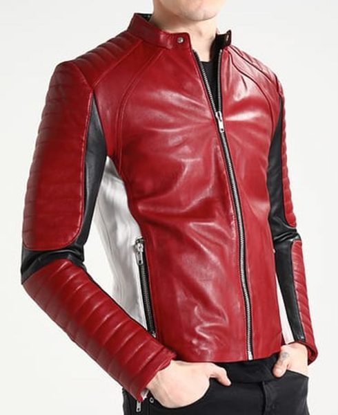 Men's White and Red Leather Motorcycle Jacket