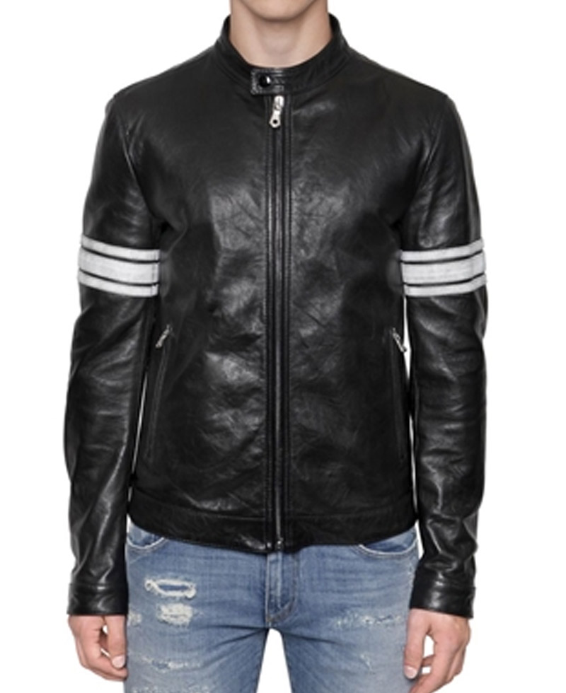 Men's White Striped Black Leather Motorcycle Jacket
