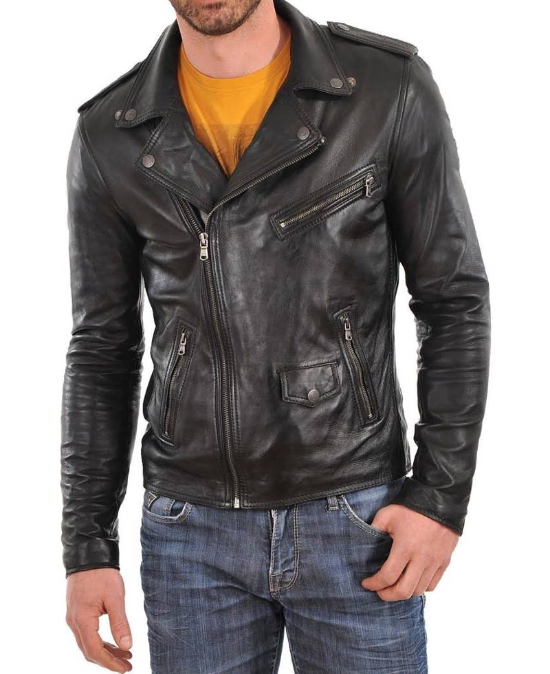 Men's Asymmetrical Zipper Motorcycle Black Leather Jacket