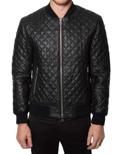 Men's Diamond Quilted Black Leather Bomber Jacket