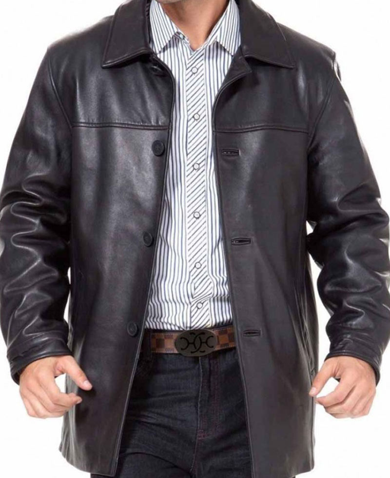 Men's Black Leather Car Long Jacket