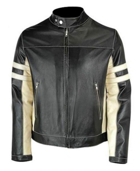 Men's Biker White Striped Black Leather Jacket