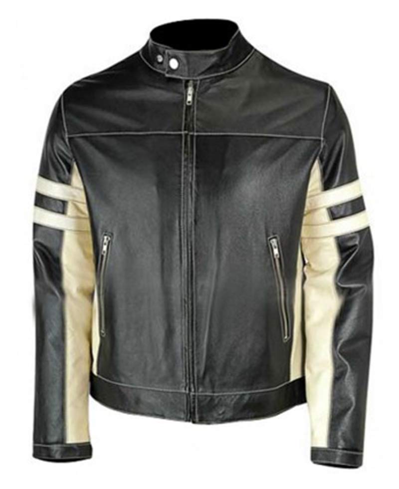 Men's Biker White Striped Black Leather Jacket