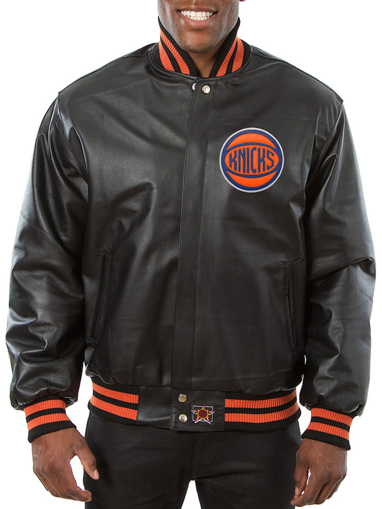 Men's Knicks New York Black Leather Bomber Jacket