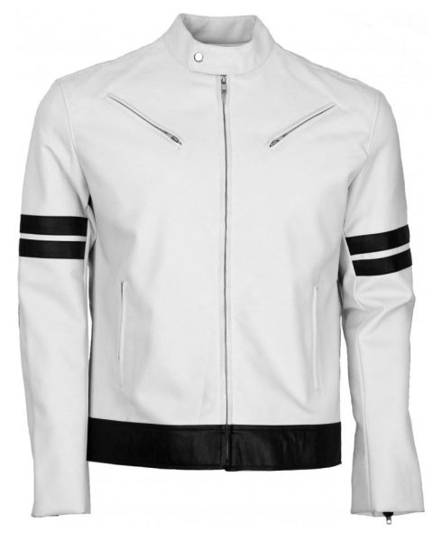 Men's Black Striped Biker Style White Leather Jacket