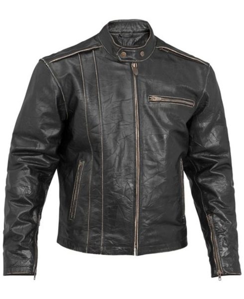 Men's Vintage Distressed Black Leather Biker Jacket