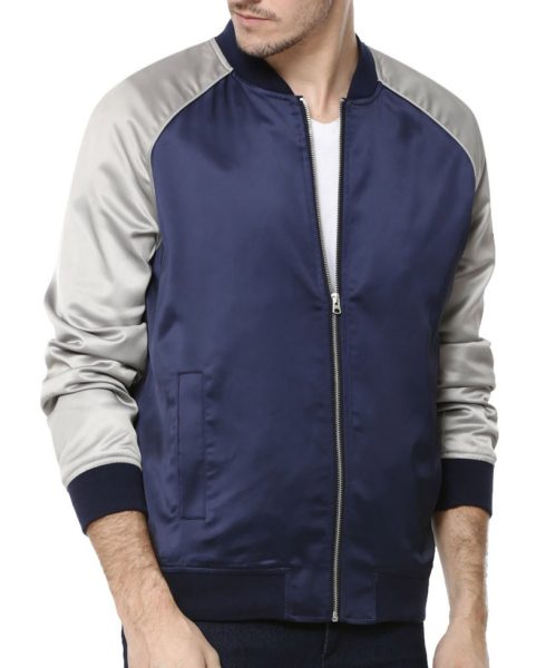 Men's Bomber Blue and Grey Satin Jacket