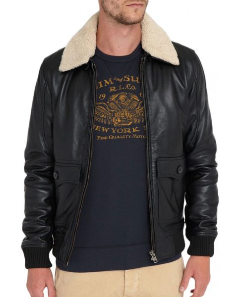 Men's Black Leather Bomber Jacket with Fur Collar