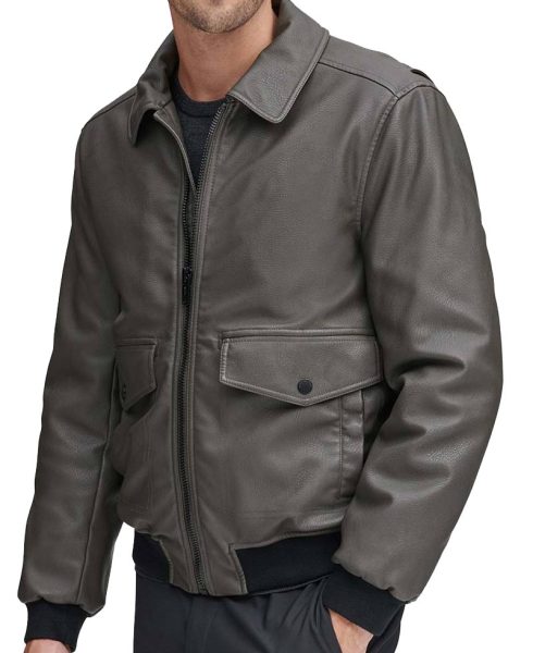 Men's Bomber Flap Pockets Grey Leather Jacket