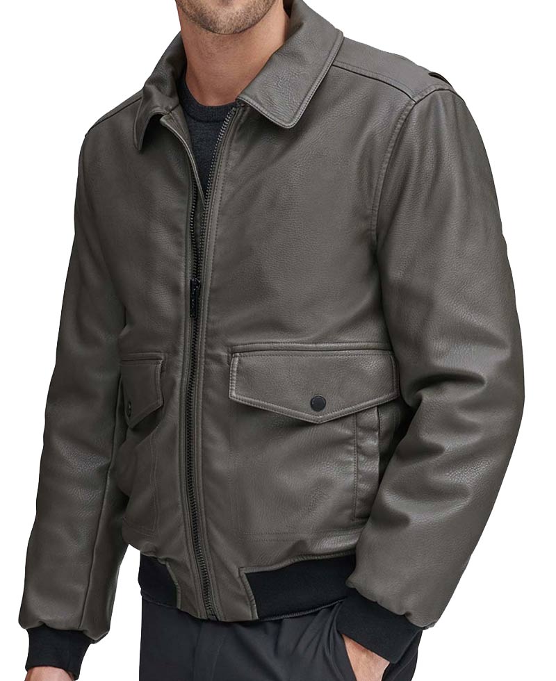 Men's Bomber Flap Pockets Grey Leather Jacket