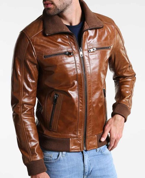 Men's Bomber Brown Shiny Leather Jacket