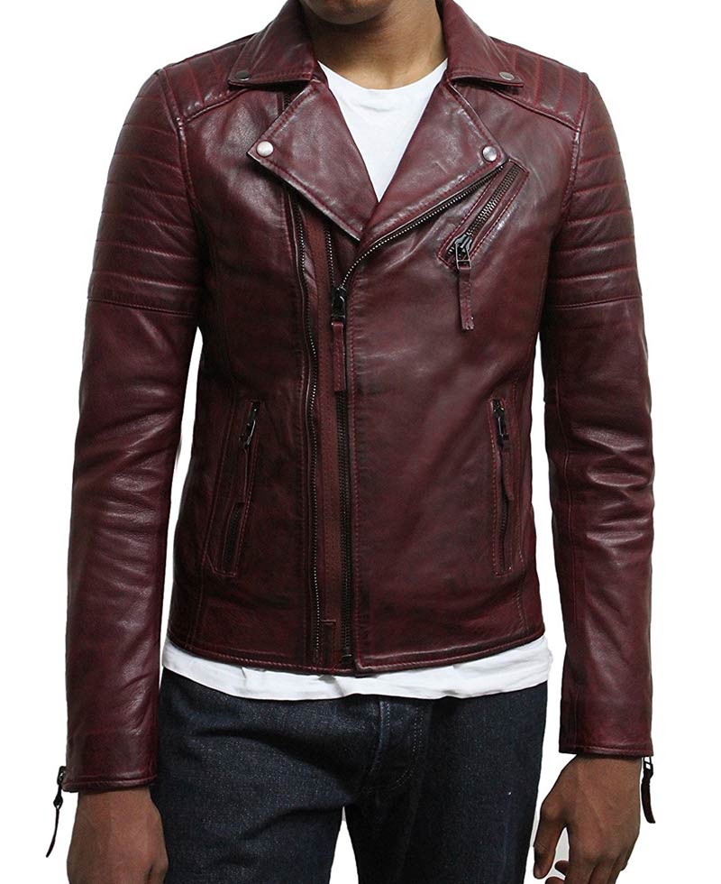 Men's Brando Style Asymmetrical Zipper Burgundy Biker Jacket