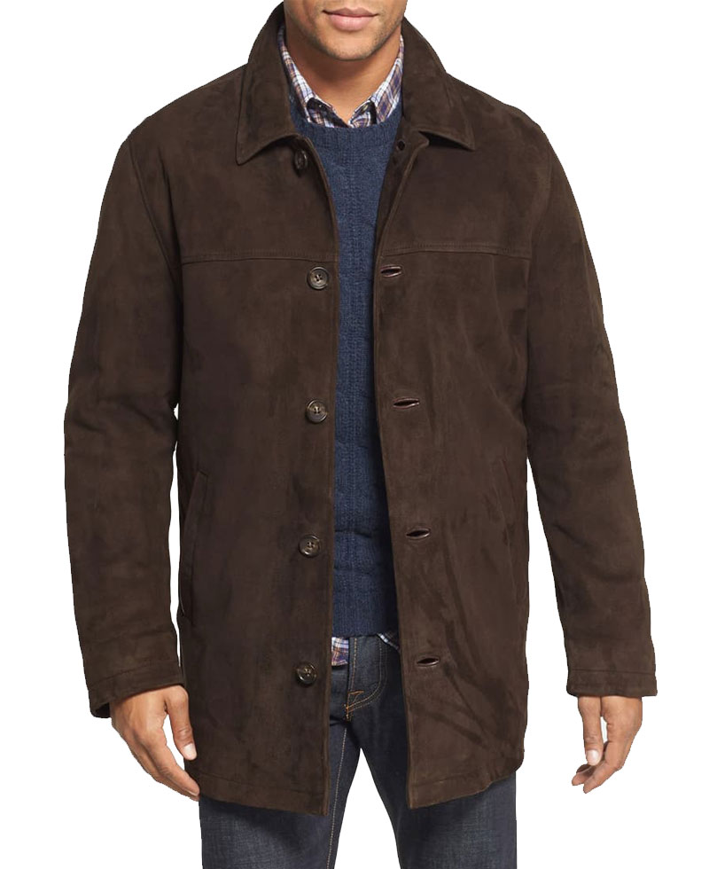 Men's Car Button Closure Brown Suede Coat