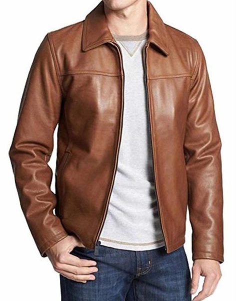Men's Casual Wear Shirt Collar Brown Leather Jacket