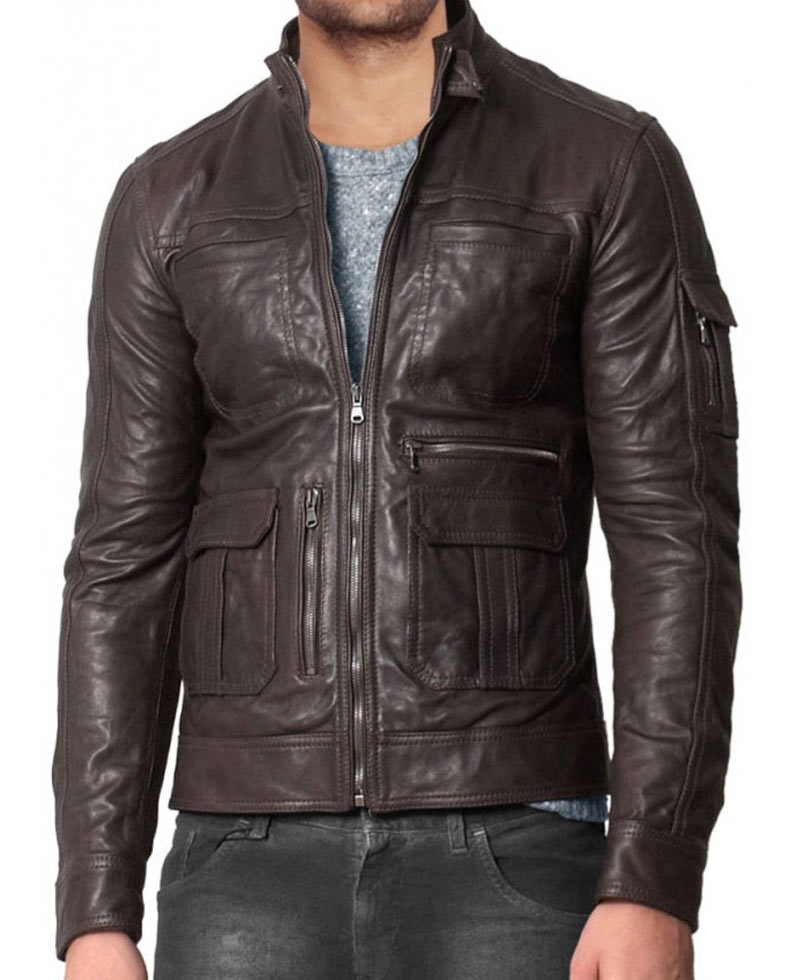 Men's Stand Collar Brown Real Leather Jacket