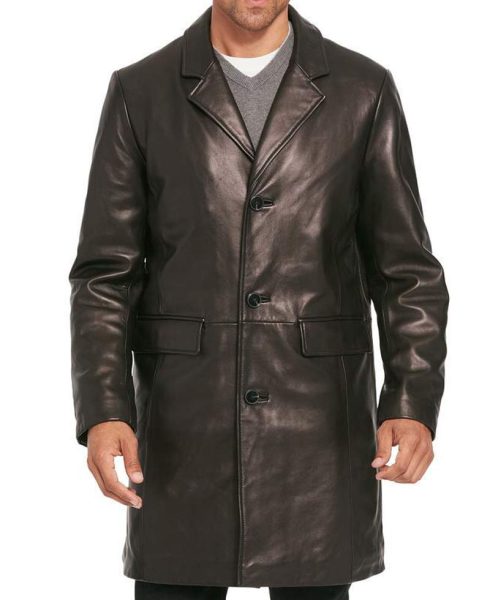 Men's Button Closure Mid Length Smooth Leather Coat