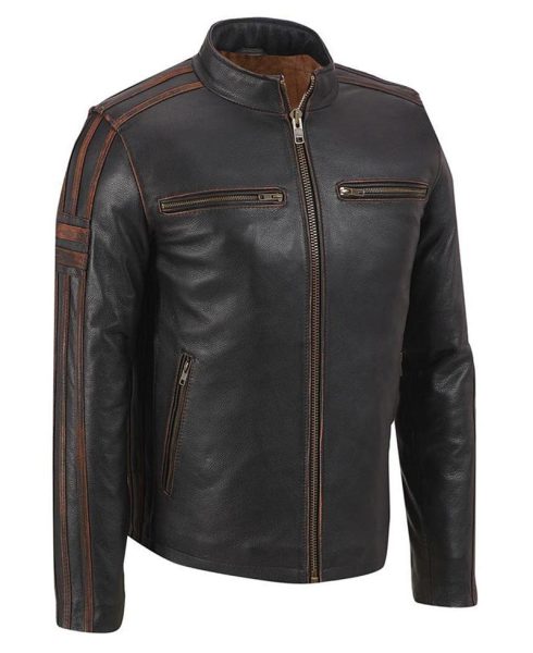 Men's Cafe Racer Stripe Brown Leather Jacket