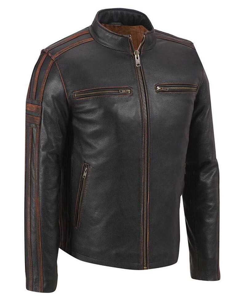 Men's Cafe Racer Stripe Brown Leather Jacket