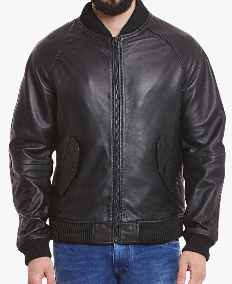 Men's Casual Bomber Solid Black Leather Jacket