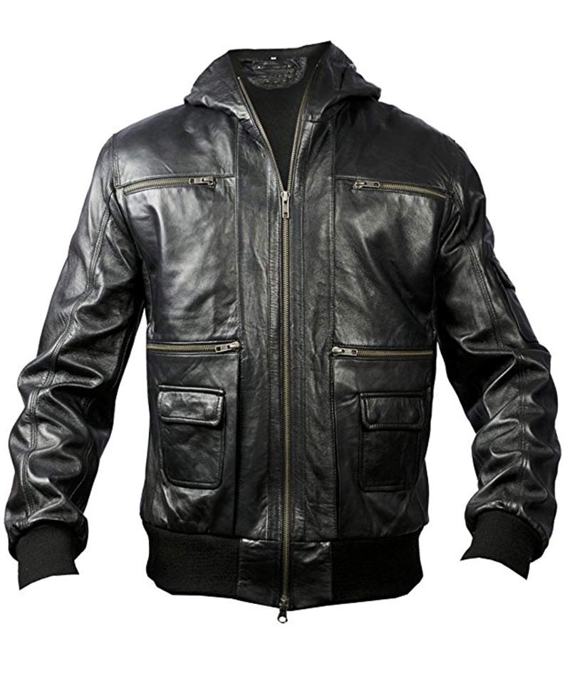 Men's Casual Black Leather Bomber Jacket Hoodie