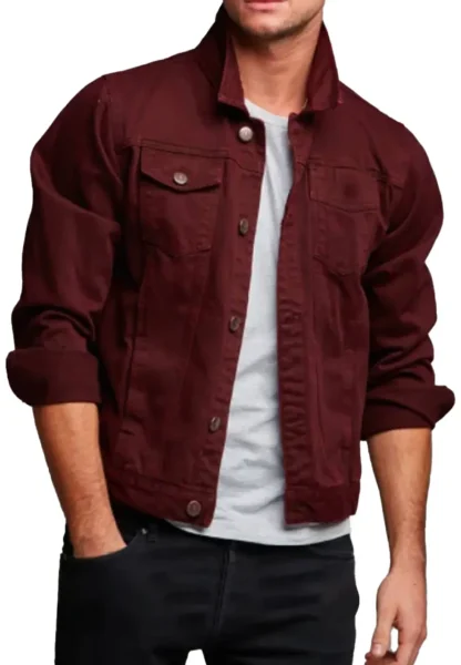 Men's Burgundy Denim Button Closure Jacket