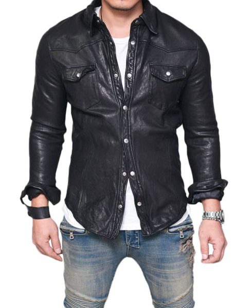 Men's Shirt Collar Casual Lambskin Leather Jacket