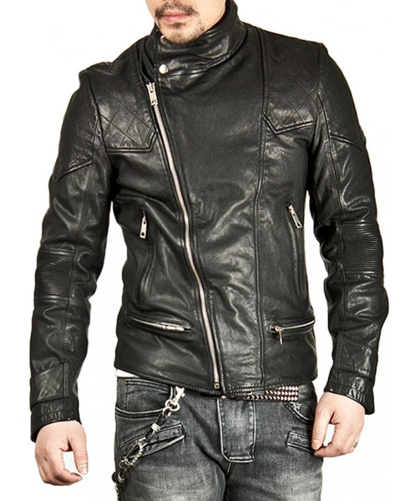 Men's Casual Stand Collar Black Leather Jacket