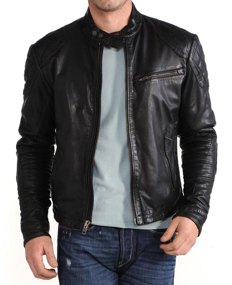 Men's Casual Black Leather Snap Button Jacket