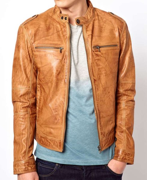 Men's Casual Distressed Brown Leather Moto Jacket