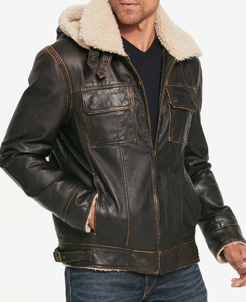 Men's Casual Waxed Brown Leather Jacket with Removable Hoodie