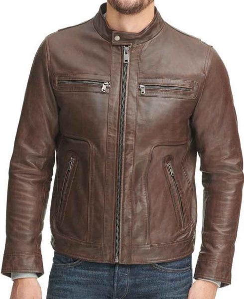 Men's Casual Wear Zipper Pockets Design Waxed Brown Leather Jacket