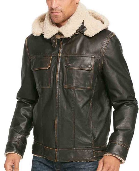 Men's Classic B3 Shearling Brown Leather Jacket with Hoodie