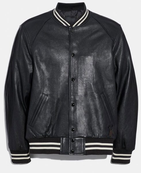 Men's Snap Tab Closure Black Leather Bomber Jacket