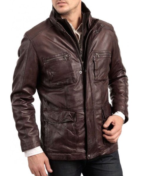 Men's Double Collar Dark Brown Leather Jacket