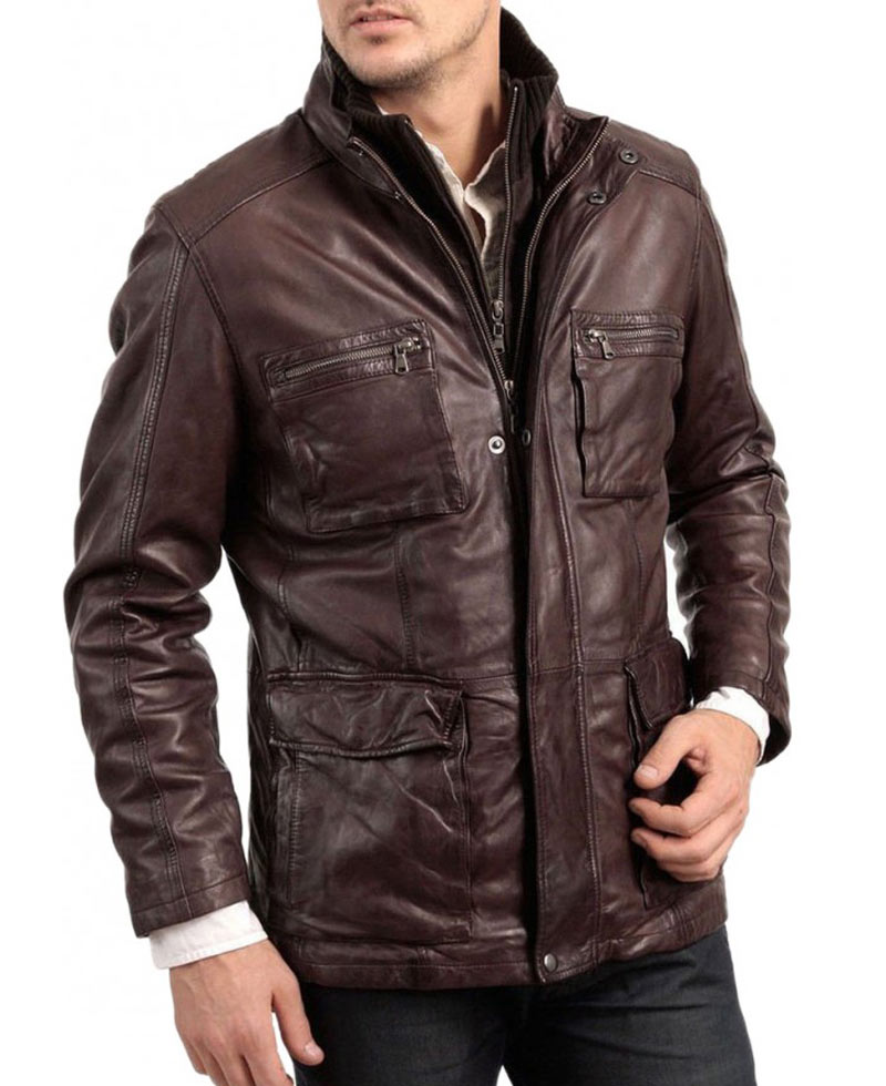 Men's Double Collar Dark Brown Leather Jacket