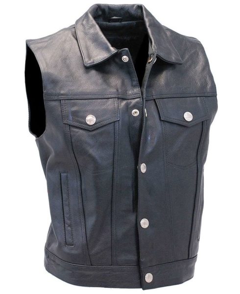 Men's Shirt Collar Denim Style Biker Club Leather Vest
