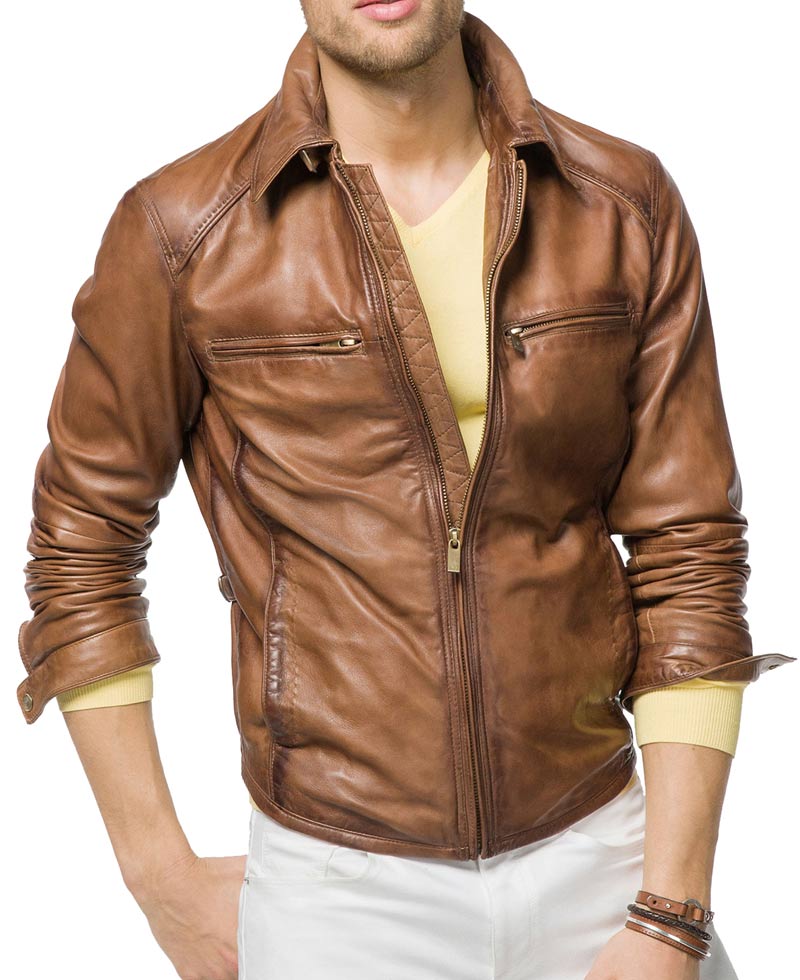 Men's Motorcycle Designer Tan Brown Leather Jacket