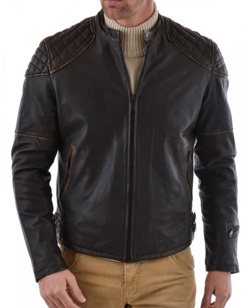 Men's Biker Style Diamond Quilted Shoulder Waxed Brown Jacket