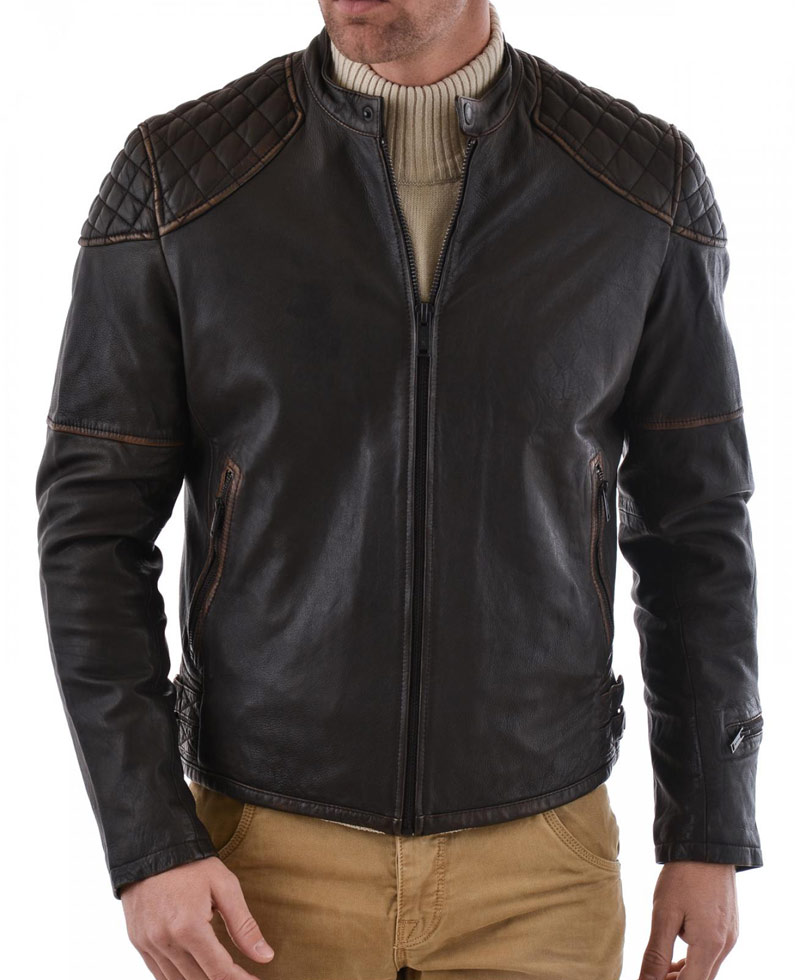 Men's Biker Style Diamond Quilted Shoulder Waxed Brown Jacket