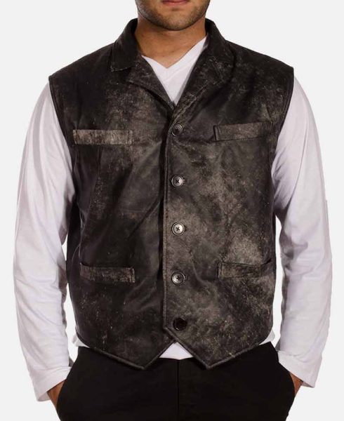 Men's Distressed Leather Button Closure Black Vest